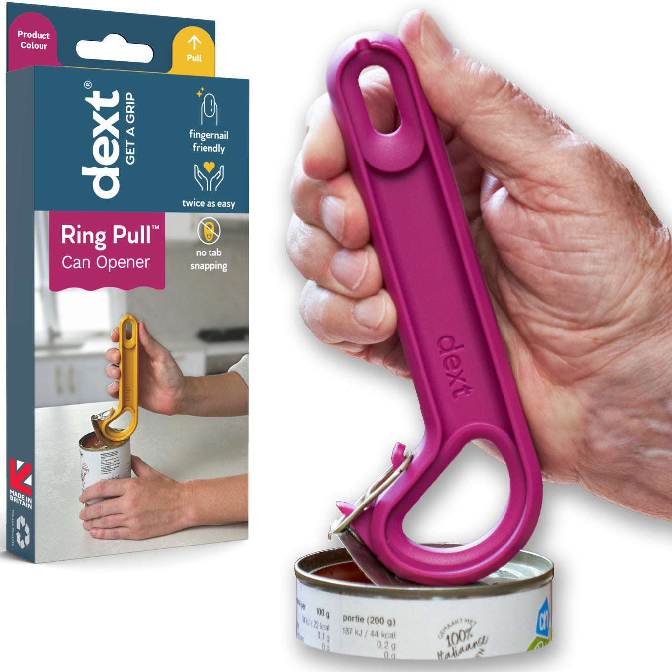 A purple RingPull Can Opener by dext being held over an open can, demonstrating its use. The product is also shown in packaging.