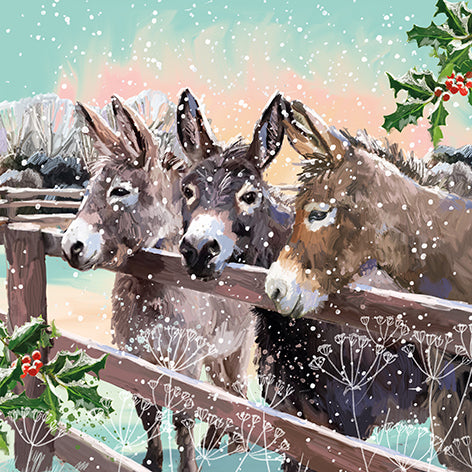 Christmas card design showing three donkeys standing by a fence in the snow.