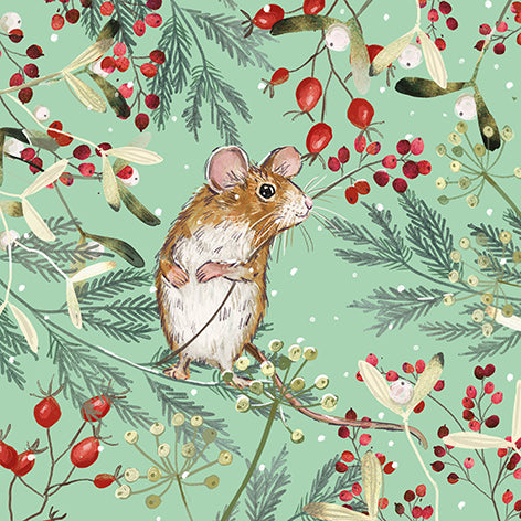 Christmas card design showing a field mouse sitting on a branch amongst plants.