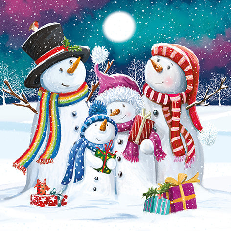 Christmas card design showing a family of snowmen.