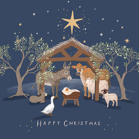 Christmas card design showing farm animals gathered around the manger, text reads 'Happy Christmas'.