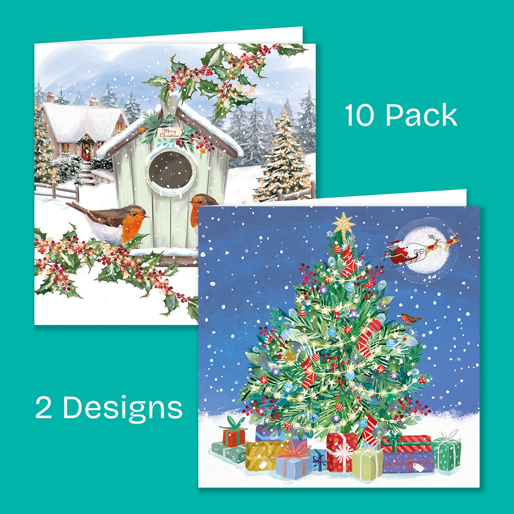 Two Christmas cards, one has a picture of robins sat on a bird box, and text reading 'merry Christmas', the other shows a Christmas tree and Santa flying overhead.