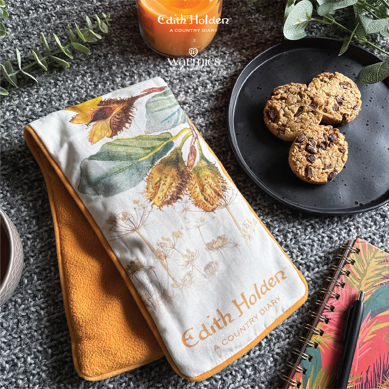 Edith Holden–inspired floral hot pack by Warmies, detailed botanical design with orange reverse