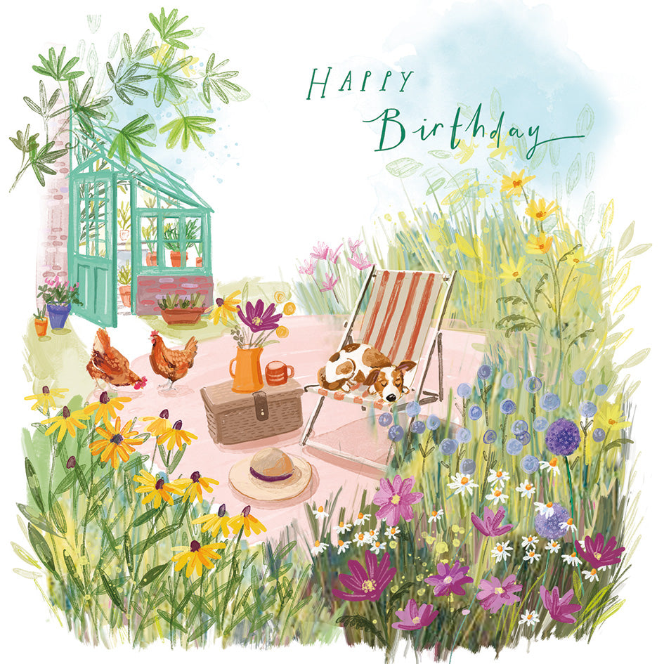 Illustration of a garden scene with a picnic setup, greenhouse, and animals, featuring 'Happy Birthday' text.