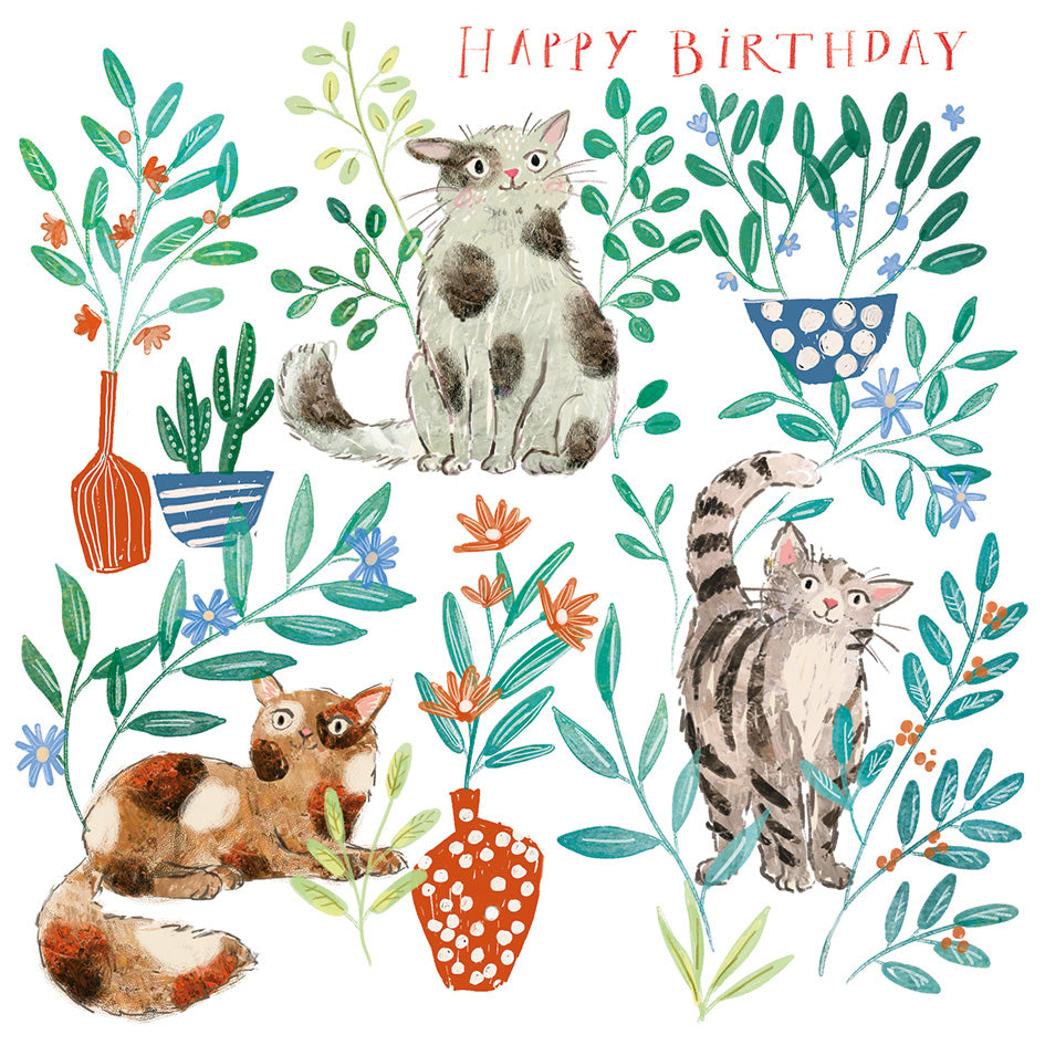 Birthday card with cats, plants, and 'Happy Birthday' text on a white background