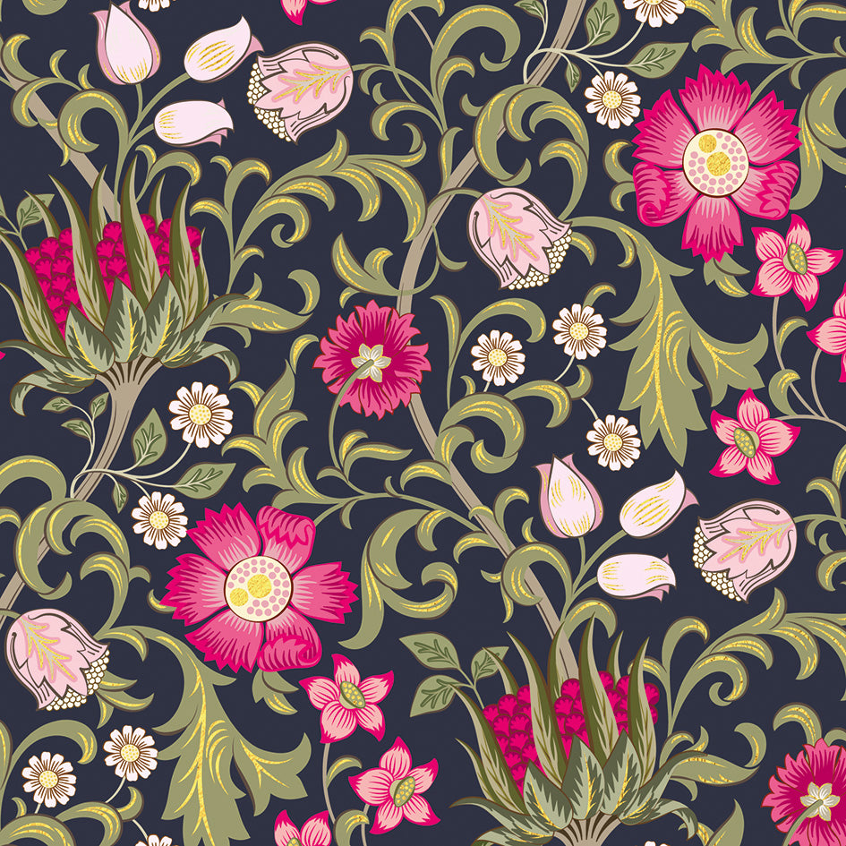 Greetings card with a floral pattern with pink flowers on a dark background.