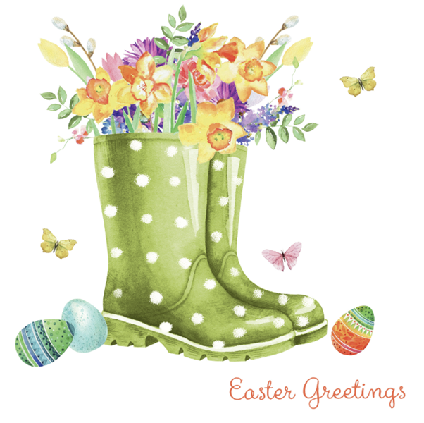 A pack of Easter themed greeting cards featuring a green wellie boot with polka dots filled with colorful flowers, butterflies, and Easter eggs.