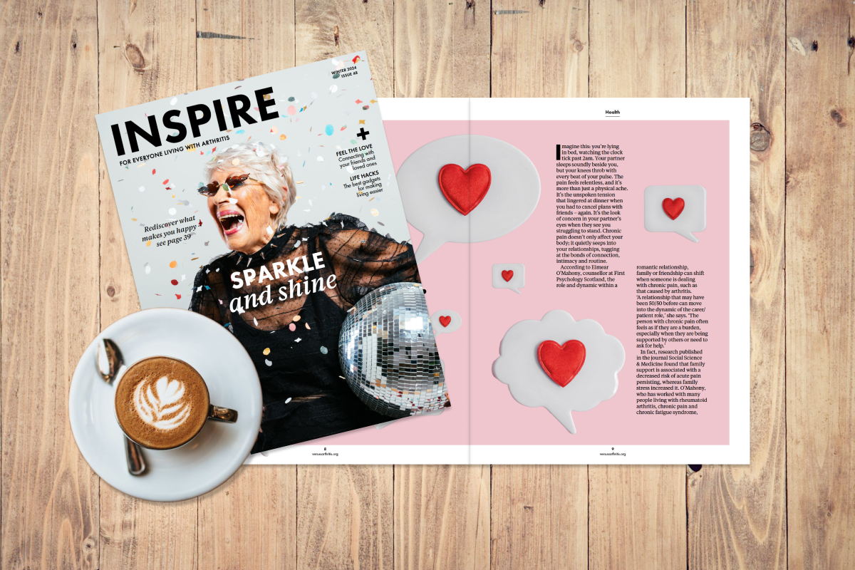 Flat lay of Inspire magazine showing the cover, some inside pages and a coffee on a table.