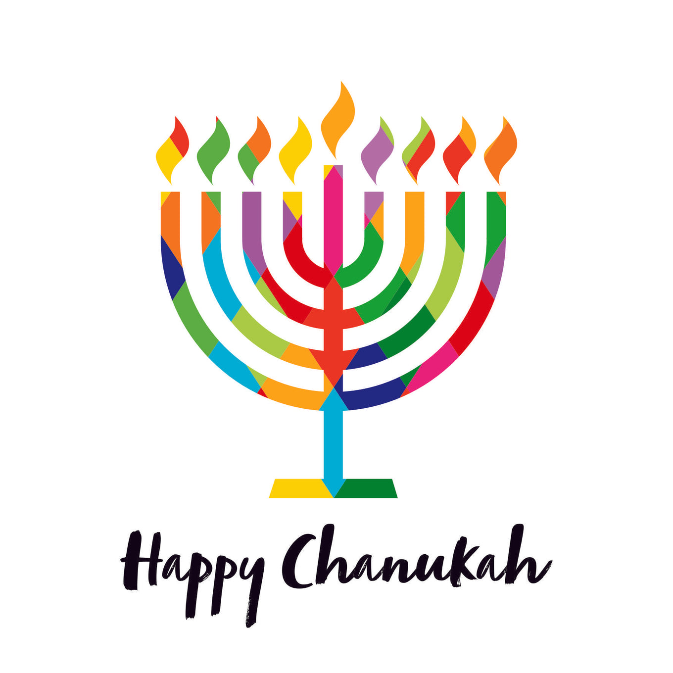 Chanukah card with a graphic of a menorah in rainbow colours and the text 'Happy Chanukah'