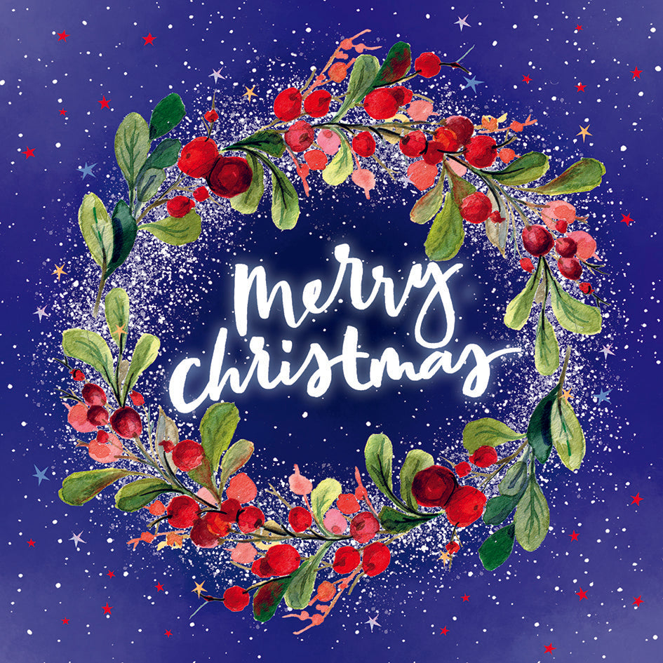Christmas Card with drawing of a wreath with red berries and the text 'merry christmas'