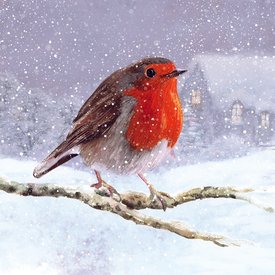 Christmas card with a robin sat on a branch in a snowy village scene.