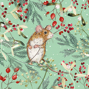 Christmas card design showing a field mouse sitting on a branch amongst plants.  