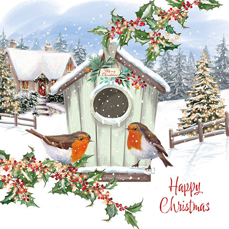 Christmas card design showing two robins, a birdhouse, and snowy landscape. Text reads 'Happy Christmas'.