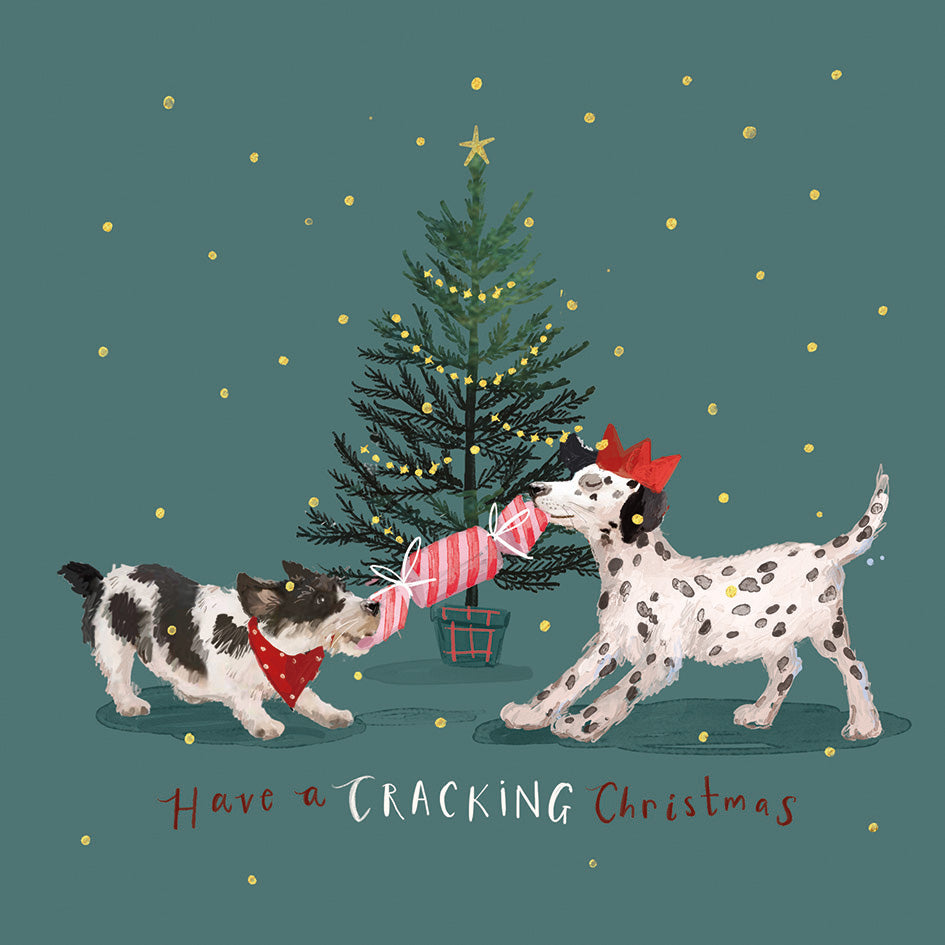 Front cover of the Arthritis UK Christmas Card 'A Cracking Christmas' featuring two dogs pulling a Christmas cracker in front of a tree, featuring the text 'have a cracking Christmas'. 