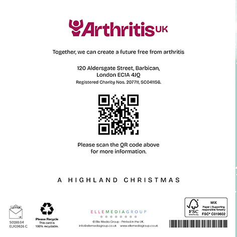Back cover Arthritis UK Christmas card, including the phrase 'Together, we can create a future free from arthritis' and a QR code linking to arthritis-uk.org.