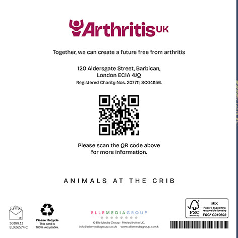 Back cover Arthritis UK Christmas card, including the phrase 'Together, we can create a future free from arthritis' and a QR code linking to arthritis-uk.org.
