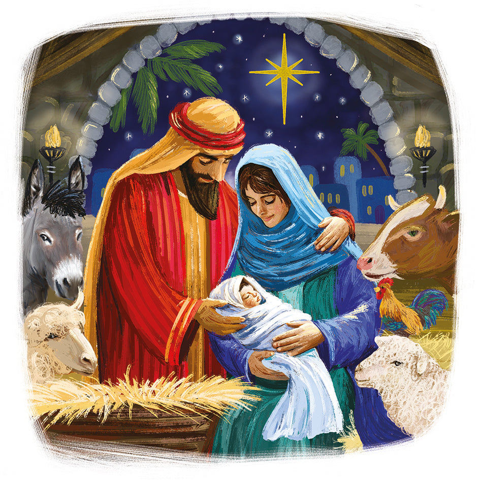 Front cover of the Arthritis UK Christmas Card 'Around the Manger' featuring a painted nativity scene, with Jesus, Mary and Joseph in the centre, surrounded by farm animals. 
