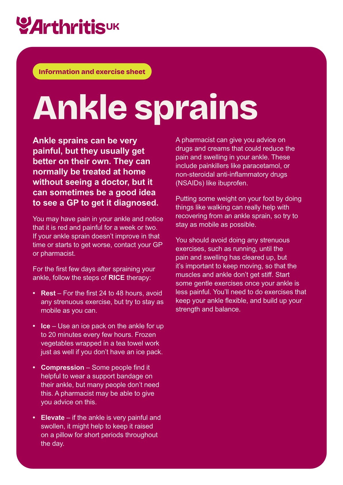 Ankle Sprain exercise sheet