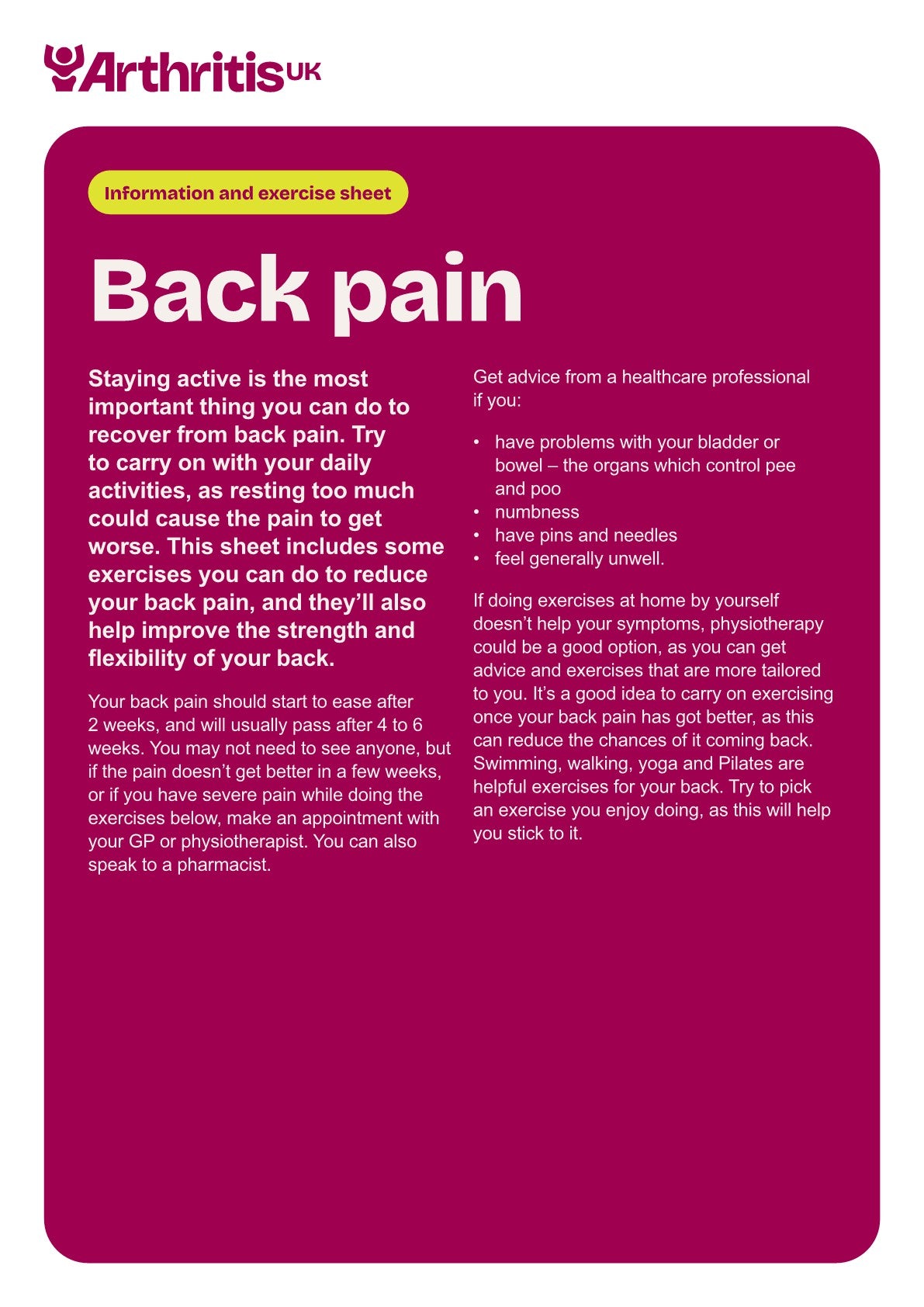 Back Pain exercise sheet