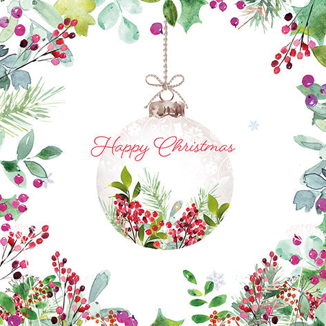Christmas card design with bauble and botanical illustration , text reads 'Happy Christmas'. 