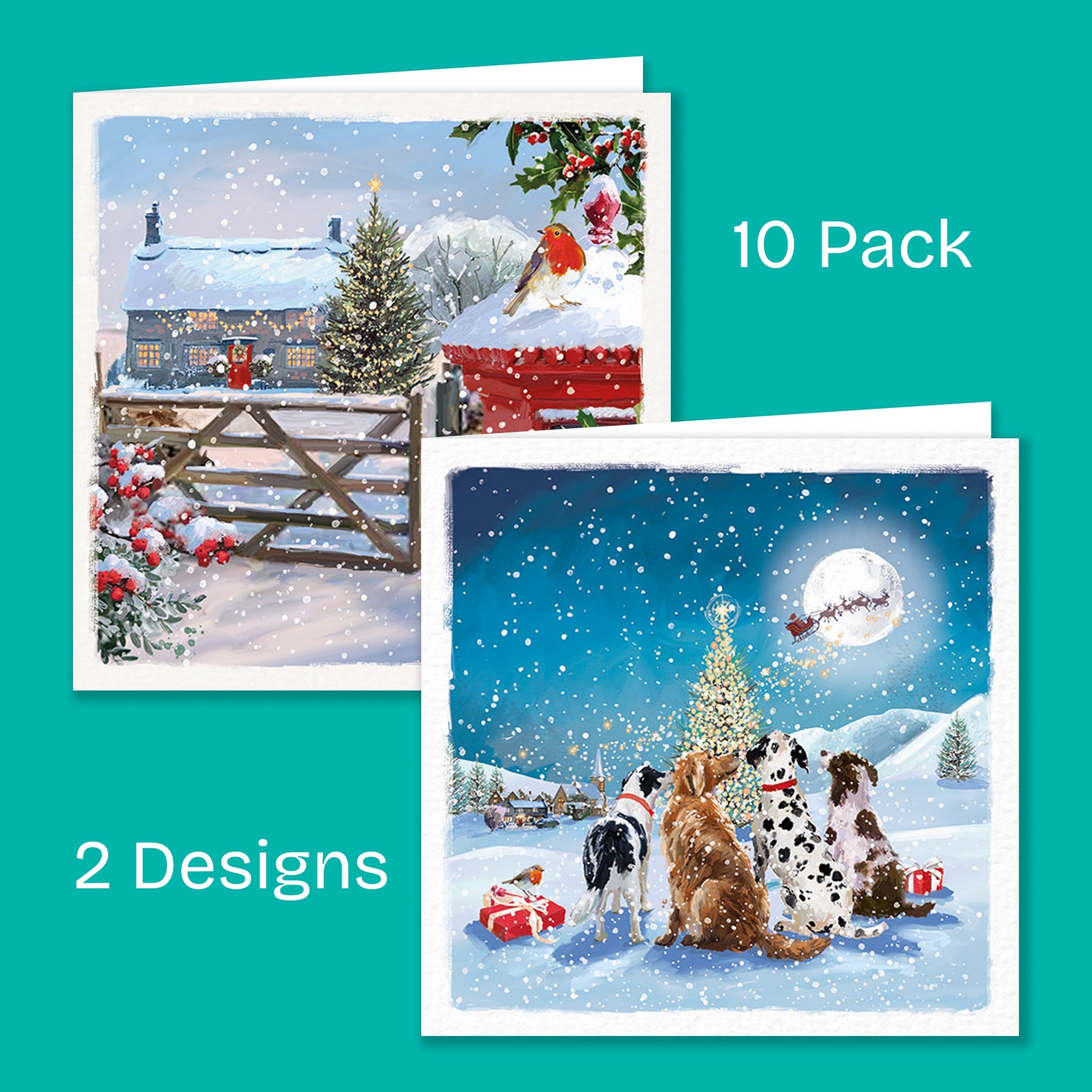 Two Christmas cards, one has a painting of a robin sitting on a post-box next to a snowy garden gate, the other shows dogs watching Santa fly over a Christmas tree.