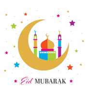 Front cover of Eid Mubarak greeting cards with a colorful illustration of a crescent moon and minarets, surrounded by stars, against a white background. The text 'Eid Mubarak' is visible on the cards.