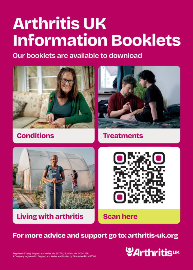 Poster with large QR code referring to Arthritis UK information booklet poster downloads.