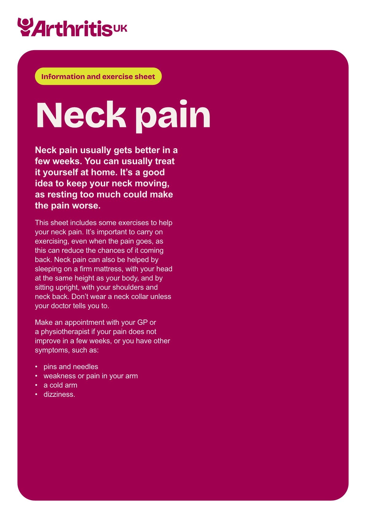Neck Pain exercise sheet