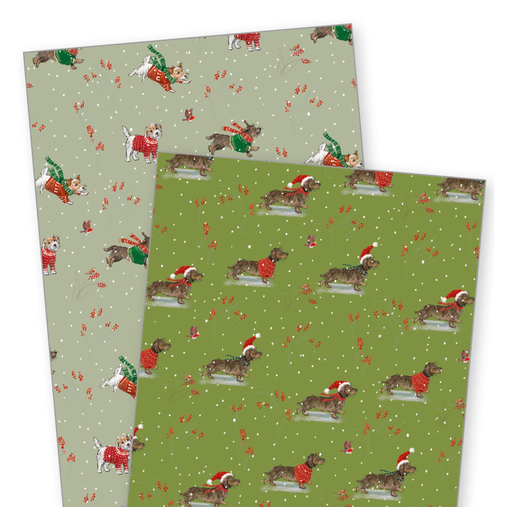 Two sheets of Christmas-themed wrapping paper with terrier dogs wearing Santa hats and red scarves on a green background.