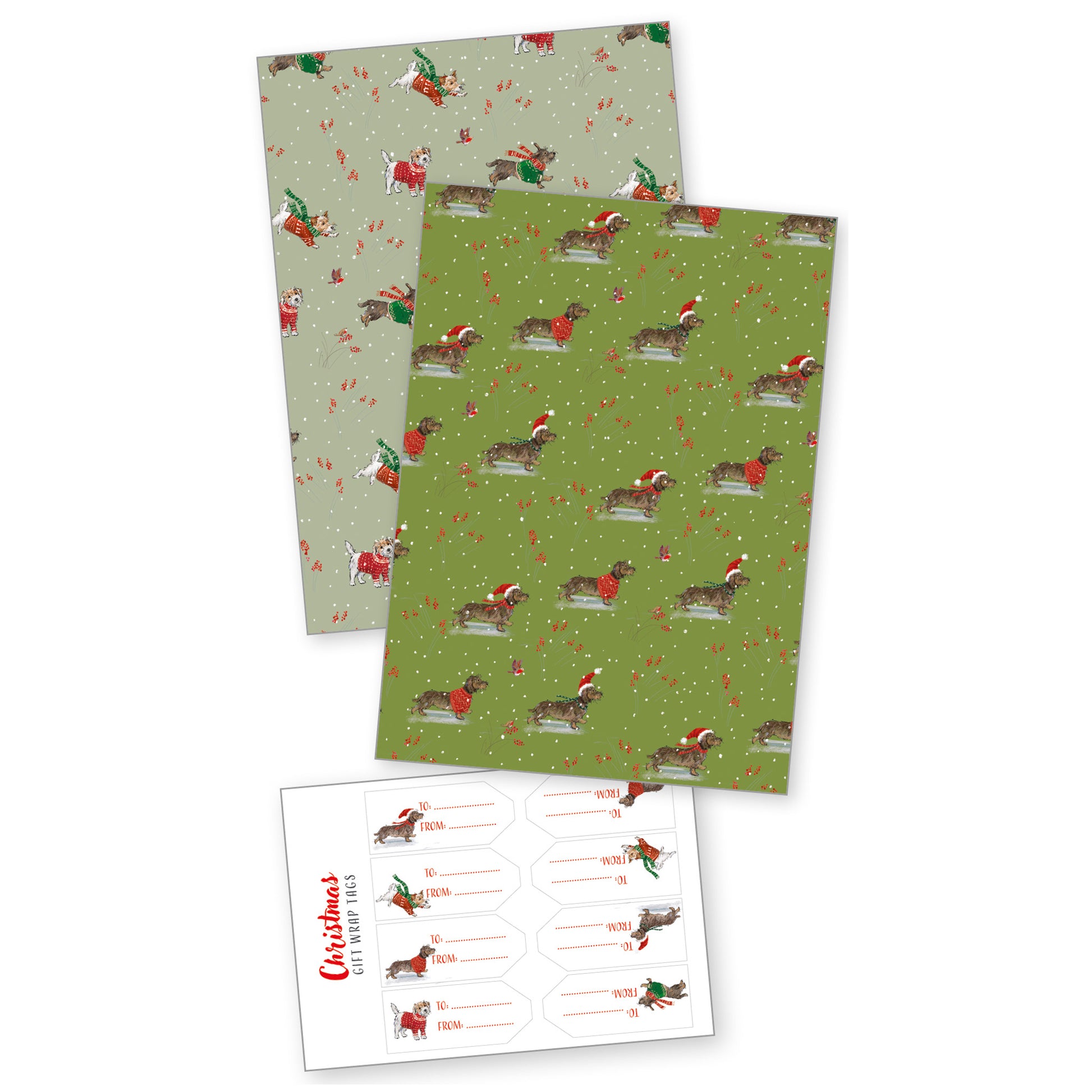 Two sheets of paper with Christmas-themed dog illustrations and a white card with gift tags.