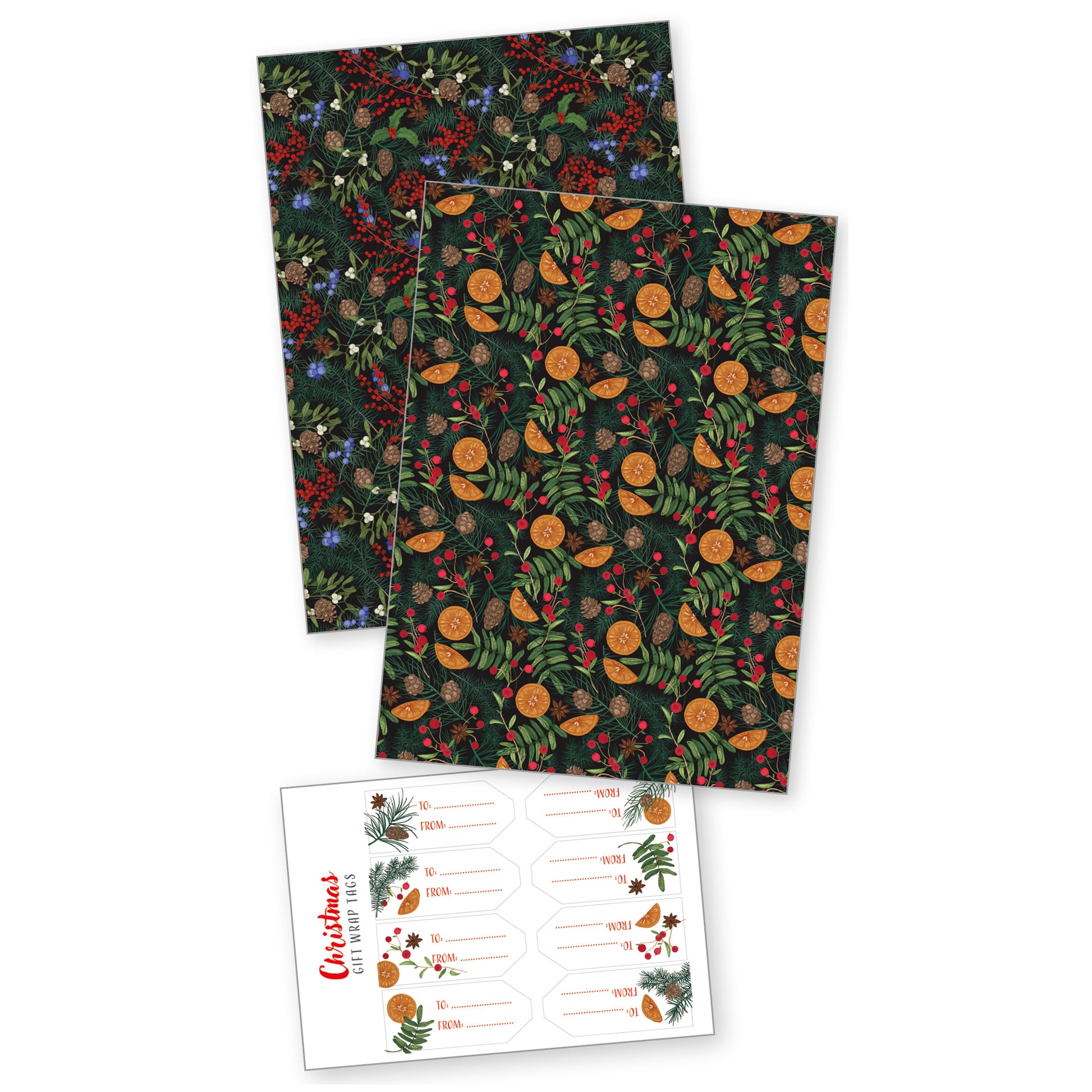 Two christmas floral wrapping paper sheets with sticker tags.