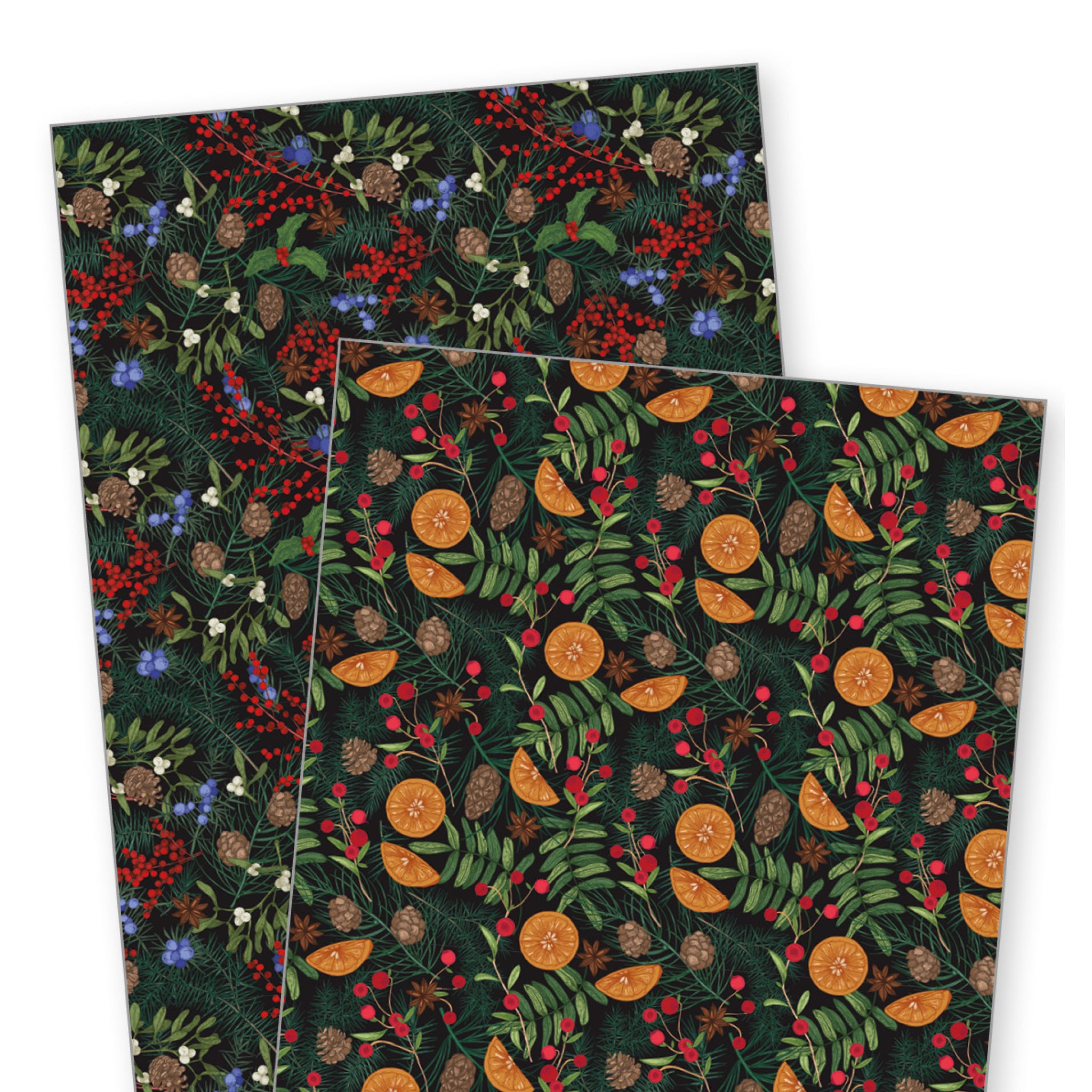 Two sheets of wrapping paper with a festive pattern featuring oranges, berries, and green leaves on a dark green background.