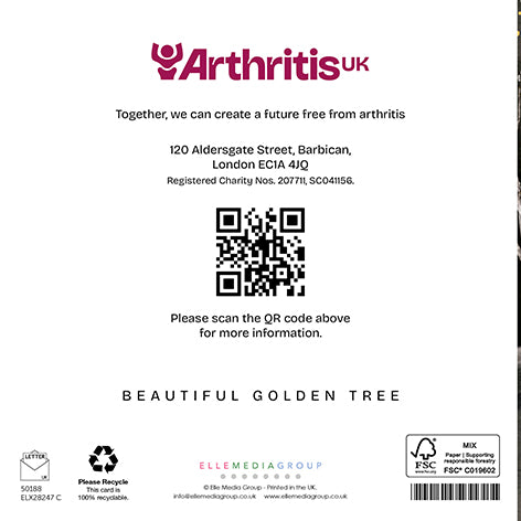 Back cover Arthritis UK Christmas card, including the phrase 'Together, we can create a future free from arthritis' and a QR code linking to arthritis-uk.org.