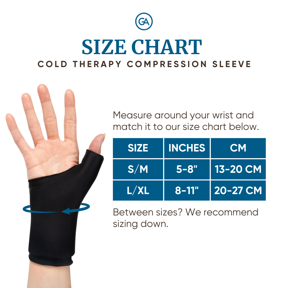Grace and Able Cooling Compression Sleeve For Thumb & Wrist Pain size chart.