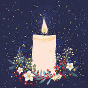 Front cover of the Arthritis UK Christmas Card 'Candle Blossom' featuring a burning candle, winter flowers and foliage, against a starry deep blue background. 