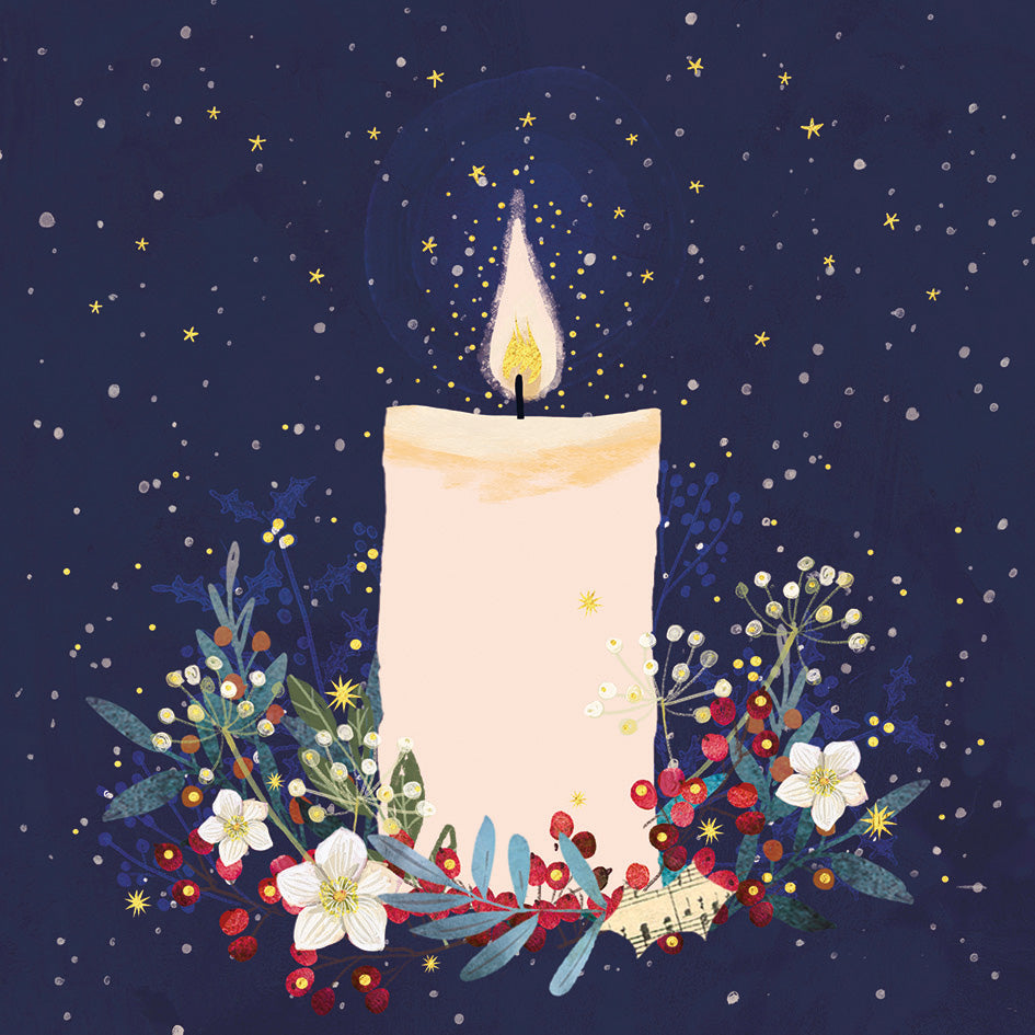 Front cover of the Arthritis UK Christmas Card 'Candle Blossom' featuring a burning candle, winter flowers and foliage, against a starry deep blue background. 