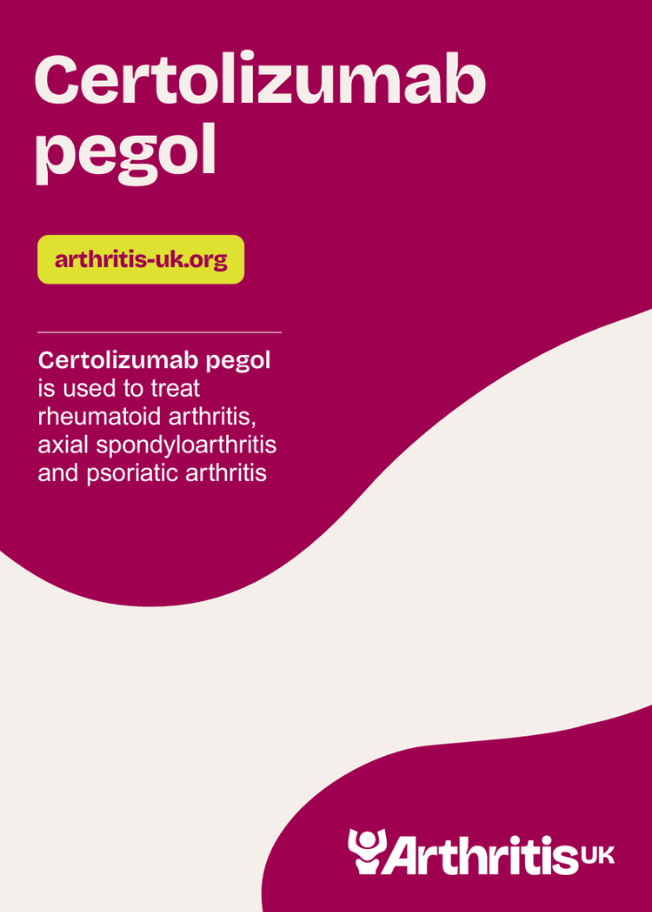 Cover of the 'Drugs for Arthritis - Certolizumab pegol' booklet, with text reading: Certolizumab pegol is used to treat rheumatoid arthritis, axial spondyloarthritis and psoriatic arthritis. 