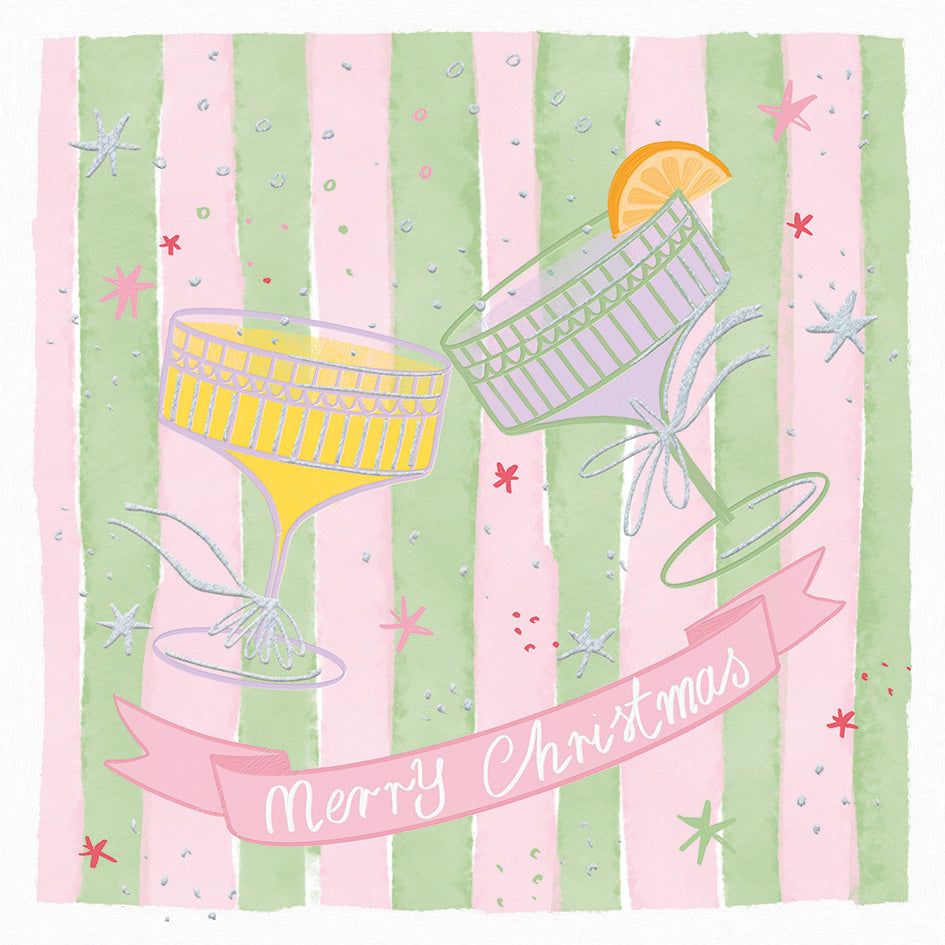 Front cover of the Arthritis UK Christmas Card 'Chin Chin' featuring two pastel illustrated champagne coups against a stripy background, and the text 'Merry Christmas'. 