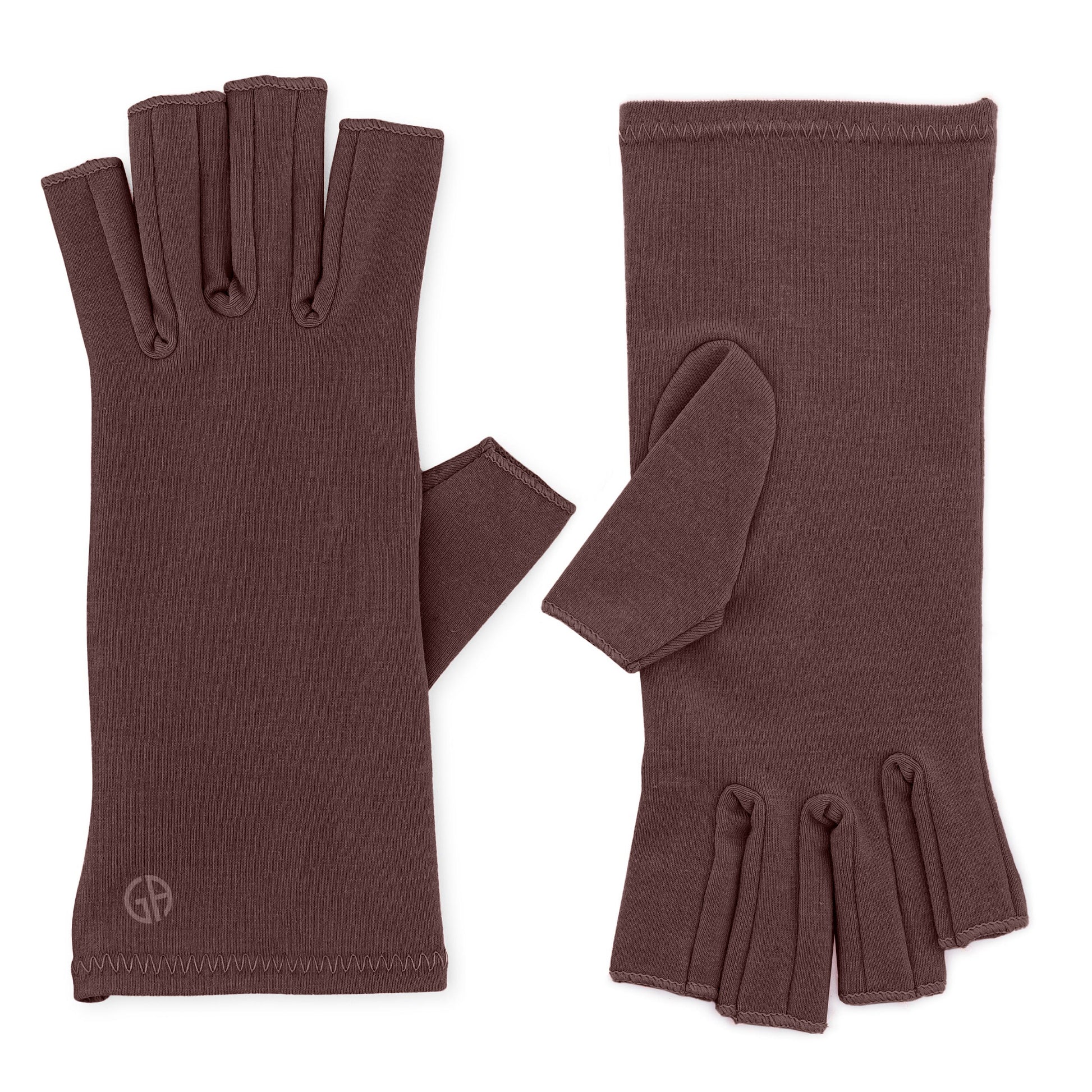 Grace and Able compression gloves in chocolate brown flat lay. 