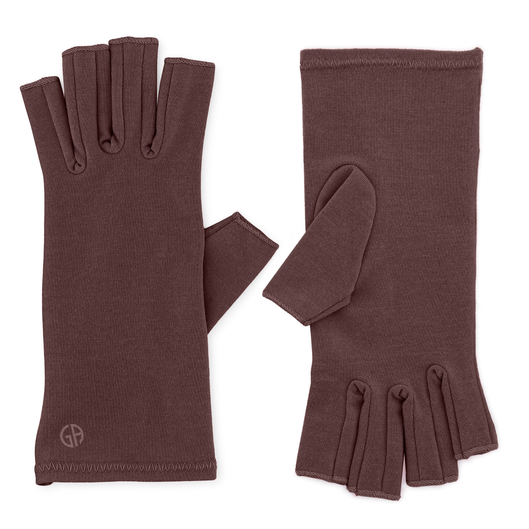 Grace and Able compression gloves in chocolate brown flat lay. 