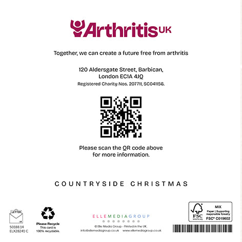 Back cover Arthritis UK Christmas card, including the phrase 'Together, we can create a future free from arthritis' and a QR code linking to arthritis-uk.org.