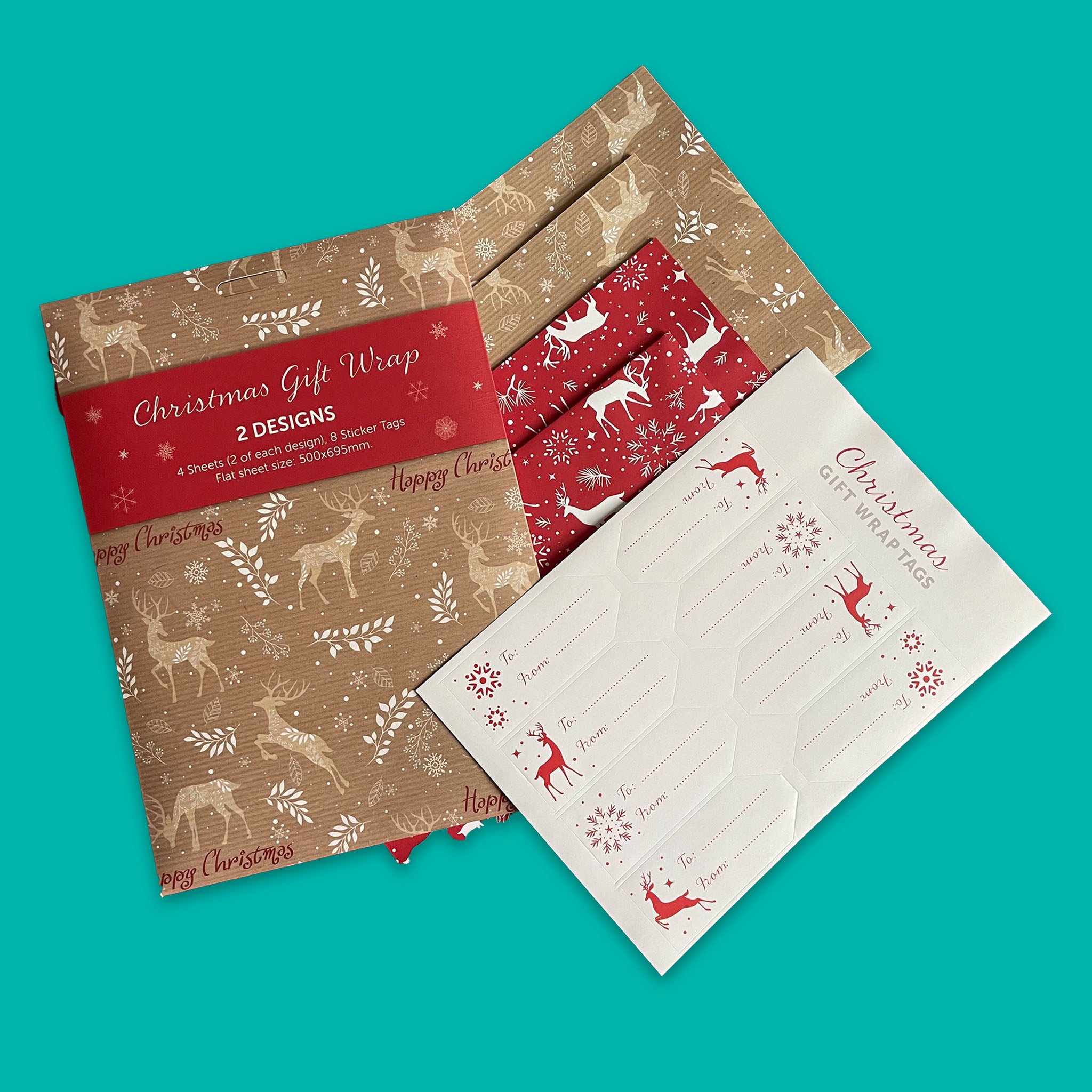 Pack of recyclable gift wrap with stag illustrations on red and brown paper, supplied with eight gift tags