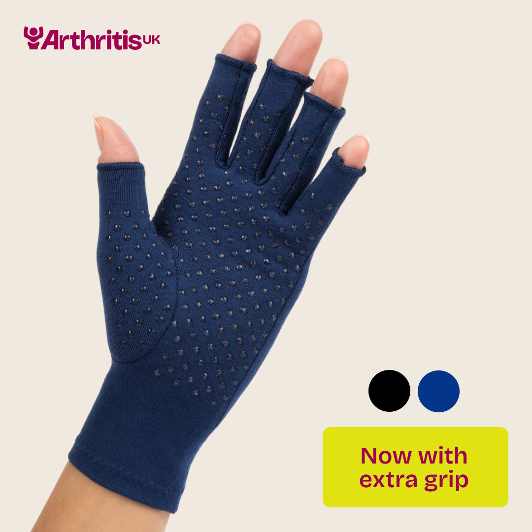 Navy blue compression glove with extra grip, available in black and blue. 