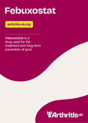Arthritis UK Febuxostat Information booklet cover, reading: Febuxostat is a drug used for the long term prevention of gout.