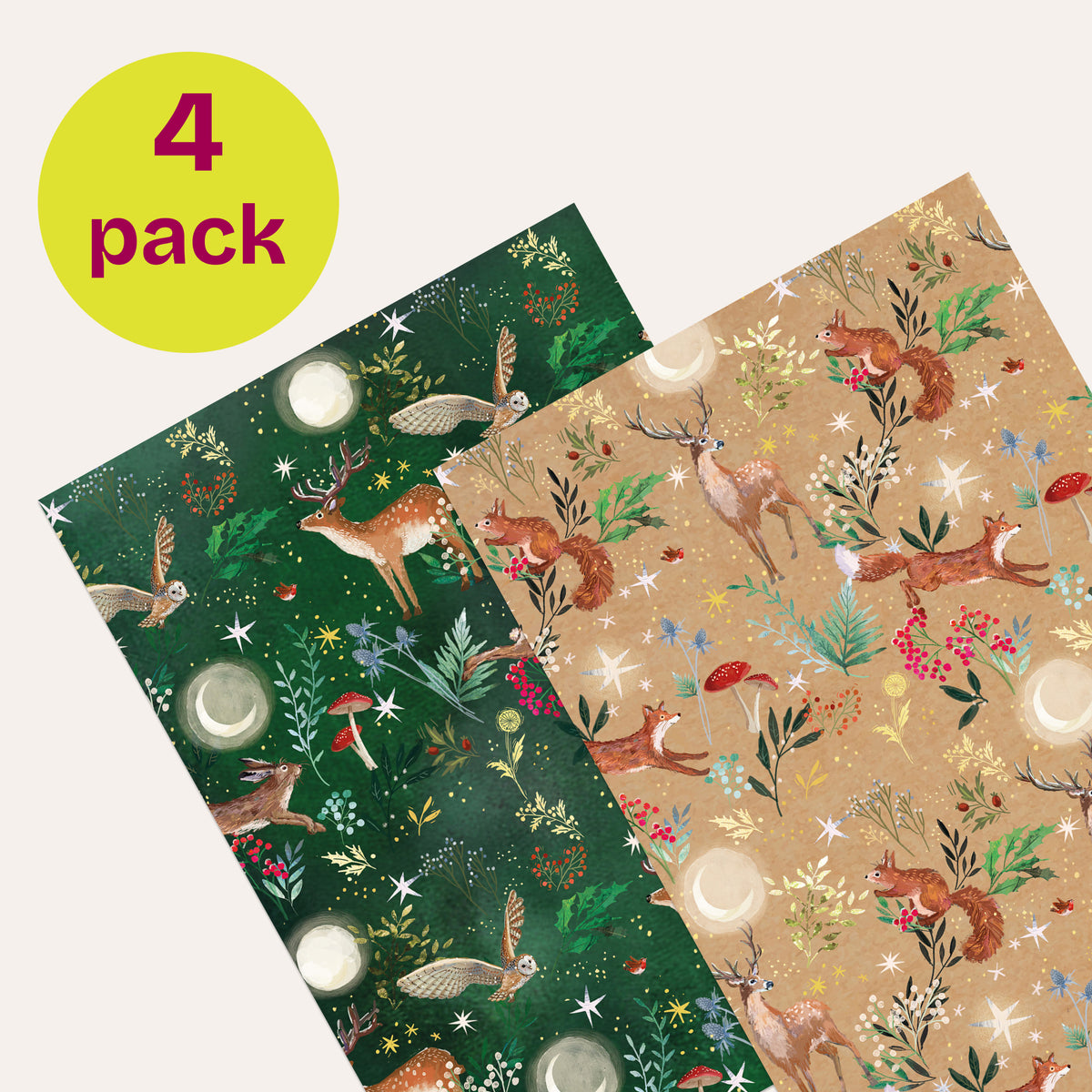 Two gift wraps featuring squirrels, hares, foxes, owls and deer in a festive woodland. 