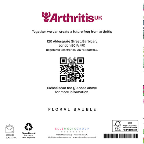Back cover Arthritis UK Christmas card, including the phrase 'Together, we can create a future free from arthritis' and a QR code linking to arthritis-uk.org.