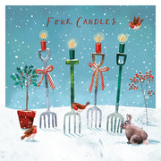 Front cover of the Arthritis UK Christmas Card 'Four Candles' featuring four candles / fork handles in a snowy garden. 