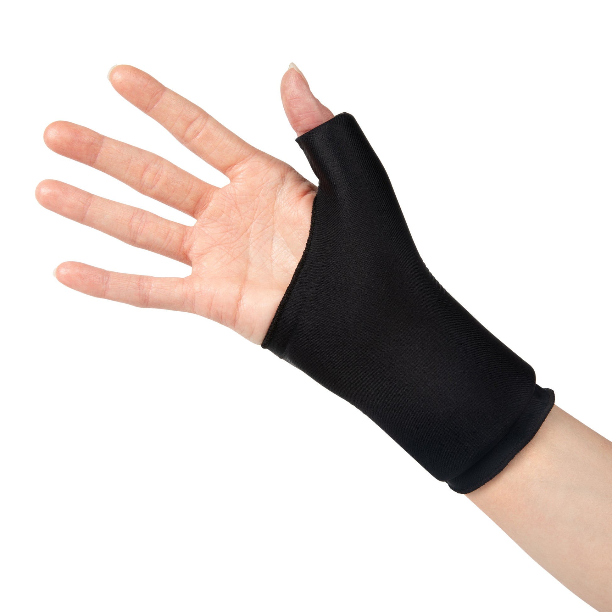 Black Grace and Able Cooling Compression Sleeve For Thumb & Wrist Pain on a hand against a white background