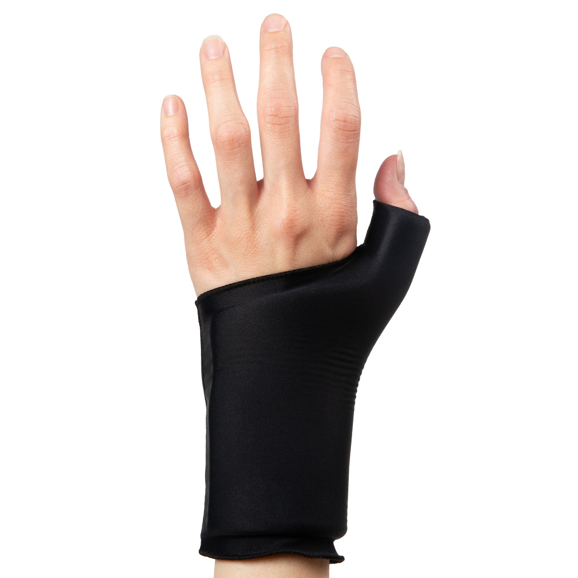 Hand wearing a black Grace and Able Cooling Compression Sleeve For Thumb & Wrist Pain on a white background