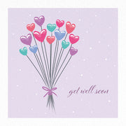 A square greeting card design with a bouquet of heart-shaped balloons in pink, purple, teal, and blue tied with a purple bow, on a light lavender background with small white speckles and the words 'get well soon' in script.